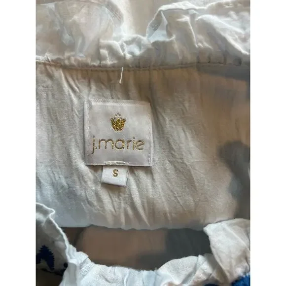 j. marie | White/Blue Embroidered Floral Ruffle Sleeve Peasant Top | SM - Picture 10 of 10